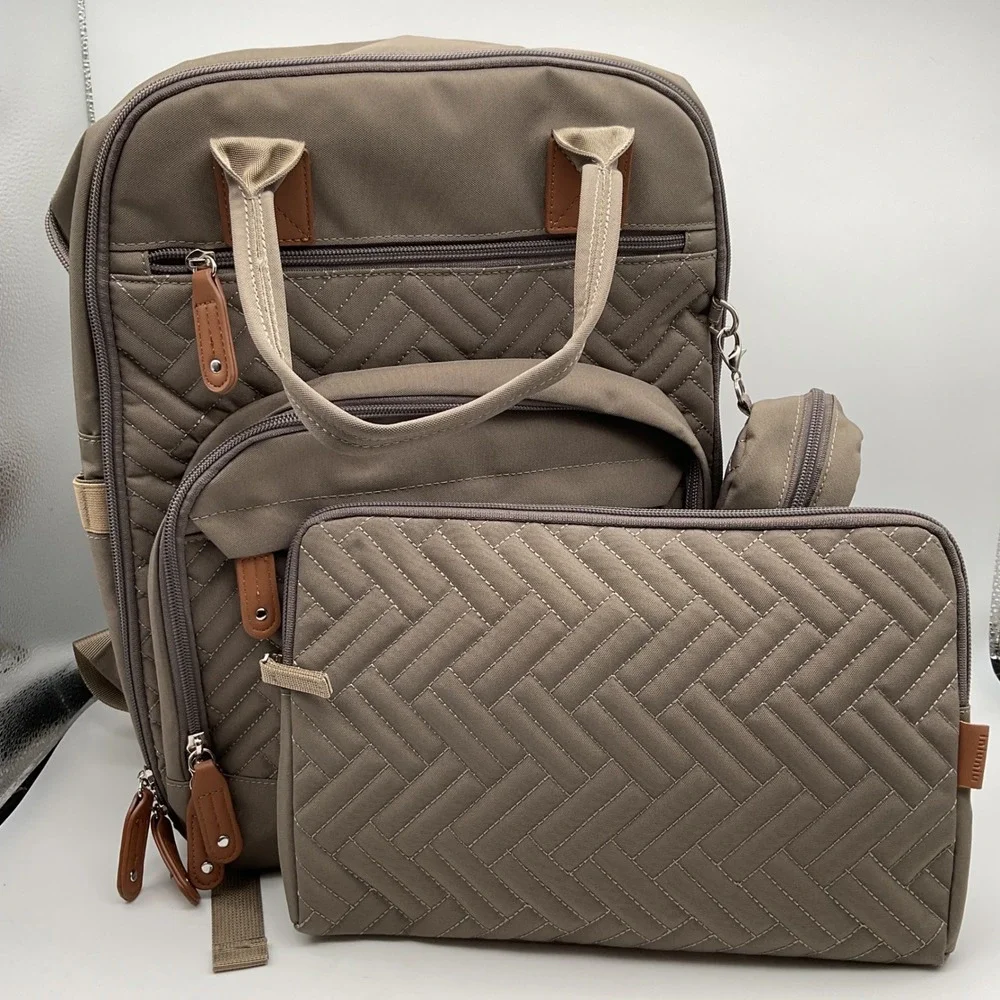 iniuniu Khaki Quilted Diaper Bag Backpack 4-in-1‎ Kit with Changing Pad NWT